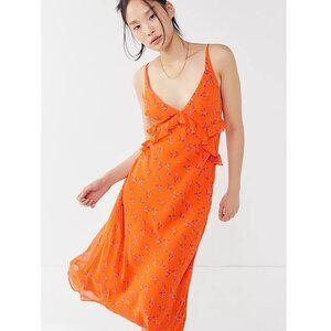 UO Heidi Floral Ruffle Slip Midi Dress Sz S Feminine Flowy Dopamine Summer